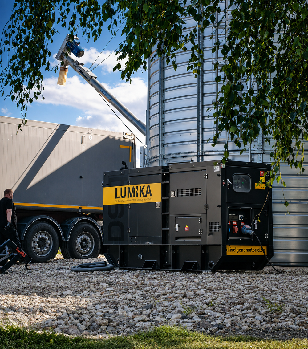 Must tööstuslik diiselgeneraator töötab viljakuivati kõrval. Taustal on suur metallist viljasilotorn ja haagisel olev kuivatusseade. Generaator on ühendatud kaablitega ning selle küljel on Lumika logo.